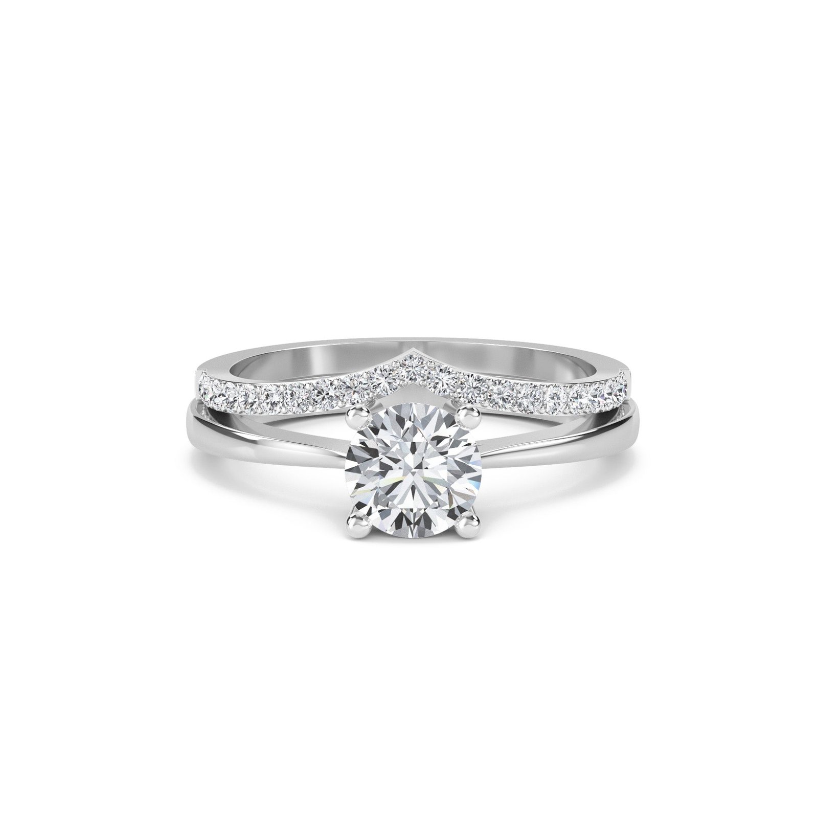 Forever Diamond Solitare Ring Matching Curved Band (Silver)