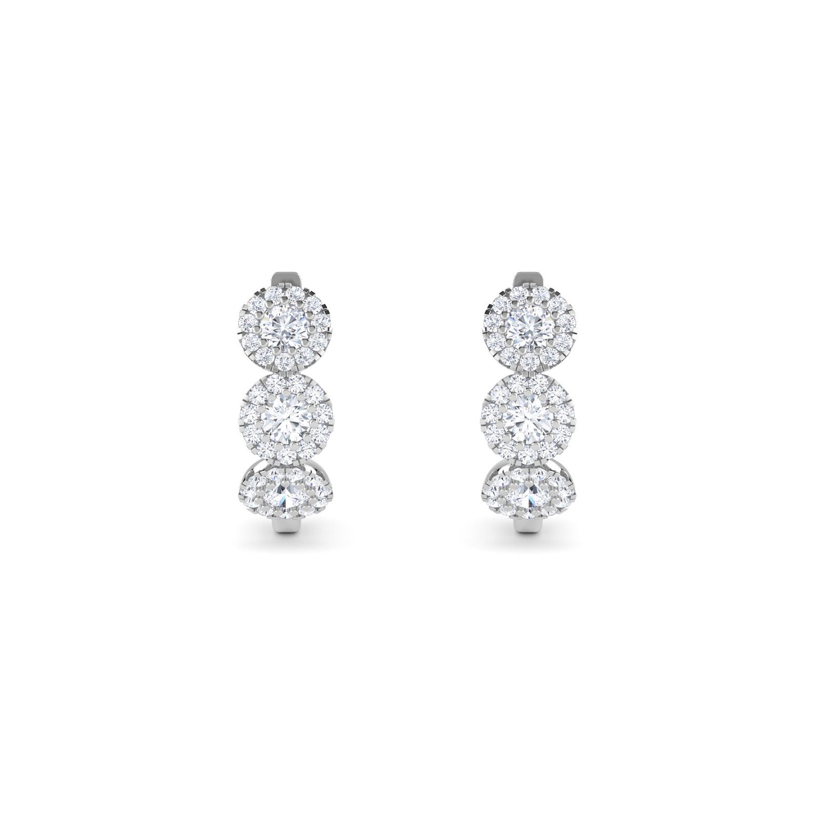 Triple Round Diamond Halo Hoop Earrings (Silver)