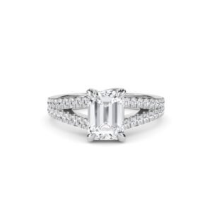 Emerald Cut Spilt Shank Engagement Ring (Silver)