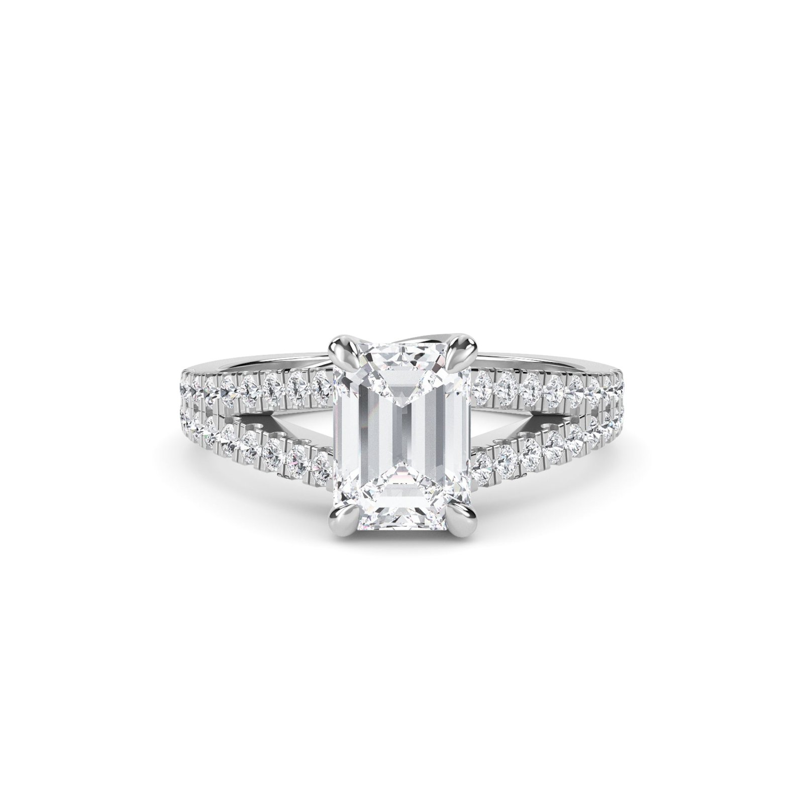 Emerald Cut Spilt Shank Engagement Ring (Silver)